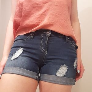 Distressed Ripped Hydraulic Dark Blue Jean Shorts